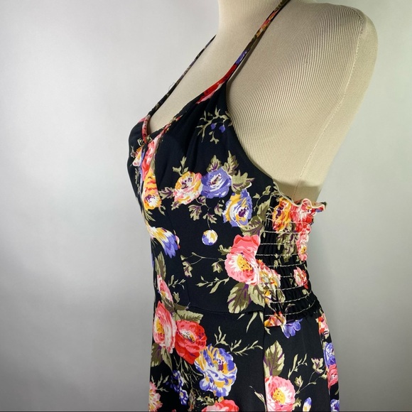 Vintage 70s SunDress Floral Black Print Halter Top Built In Bra Midi Cottage S - Picture 5 of 9